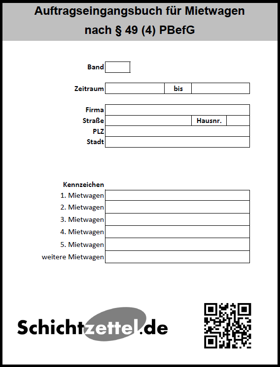 Mietwagen-Auftragseingangsbuch